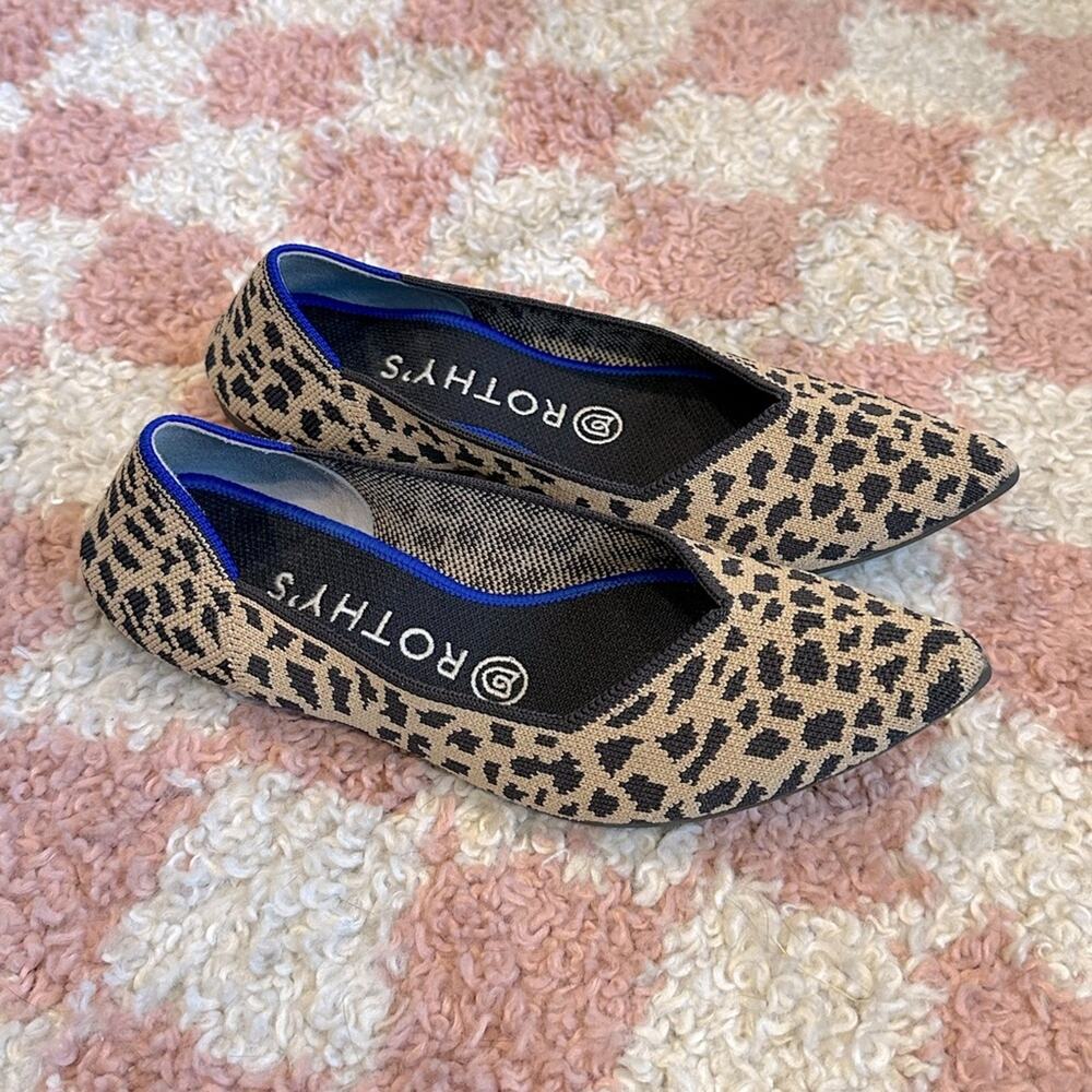 Rothy's Leopard Print Pointed Toe Flats in Tan and Black with Blue Trim